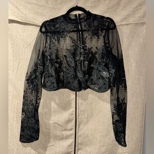 Windsor Black Sheer Lace Zip up Blouse, can be worn in front or back, medium